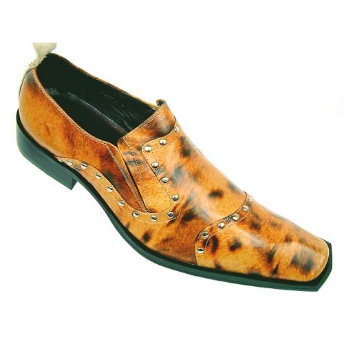 Fiesso Gold Leopard Print Leather Loafer Shoes w/Metal Studs FI6221